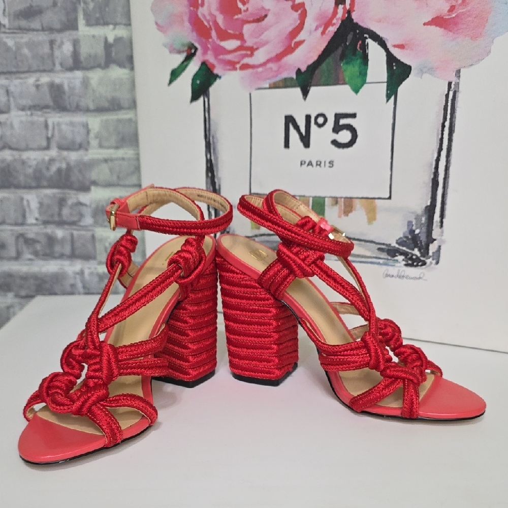 CAbi Tip Toe Red Rope Strappy Block Heel Ankle Strap Sandals Size 7 Style 6012